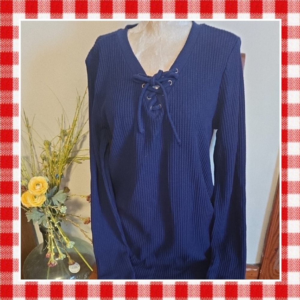 Lands' End Blue Lace-Up Ribbed Blouse Size Small